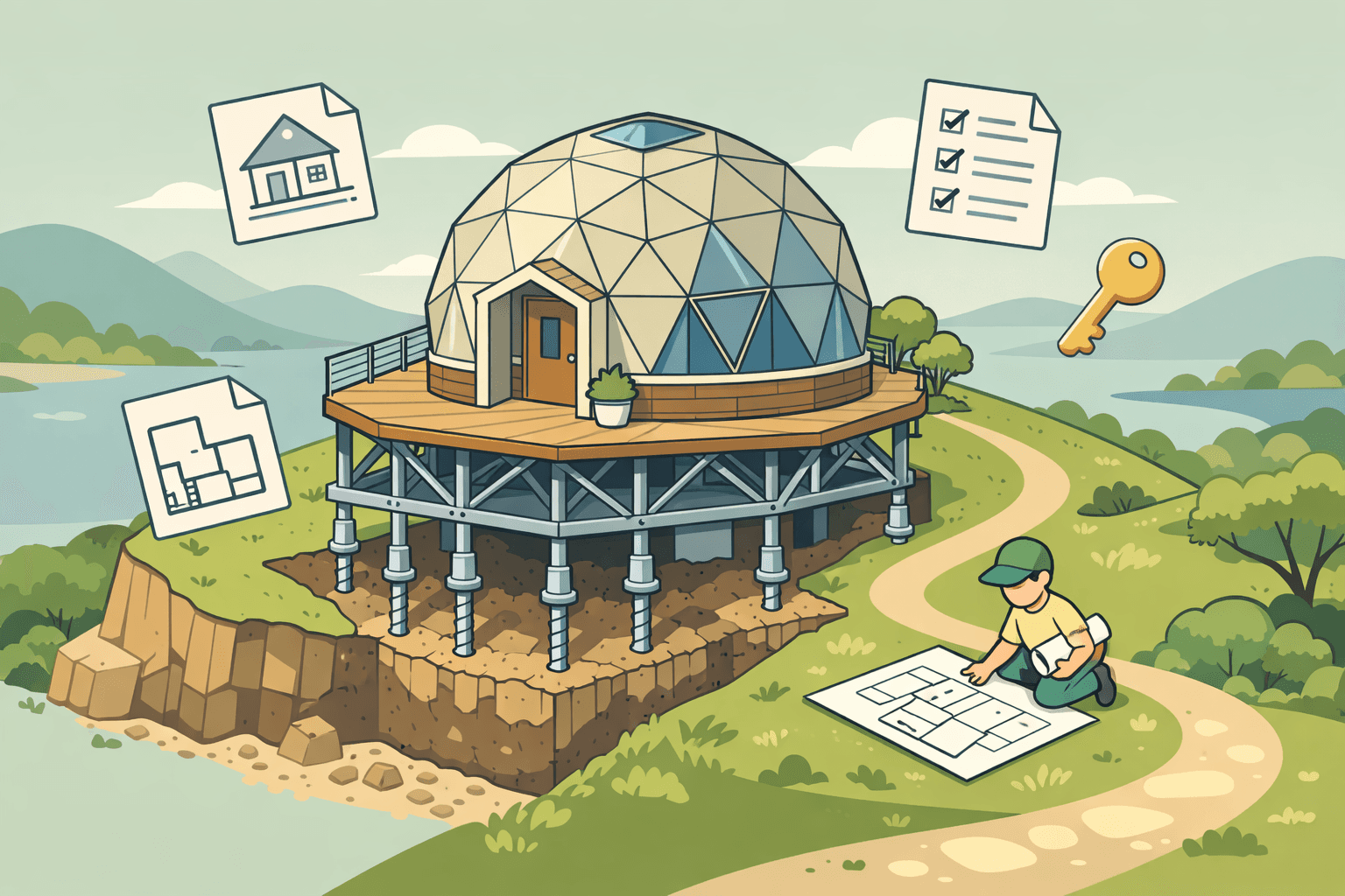 A geodesic dome home on a hillside with non-traditional foundation, surrounded by nature and a clear sky.