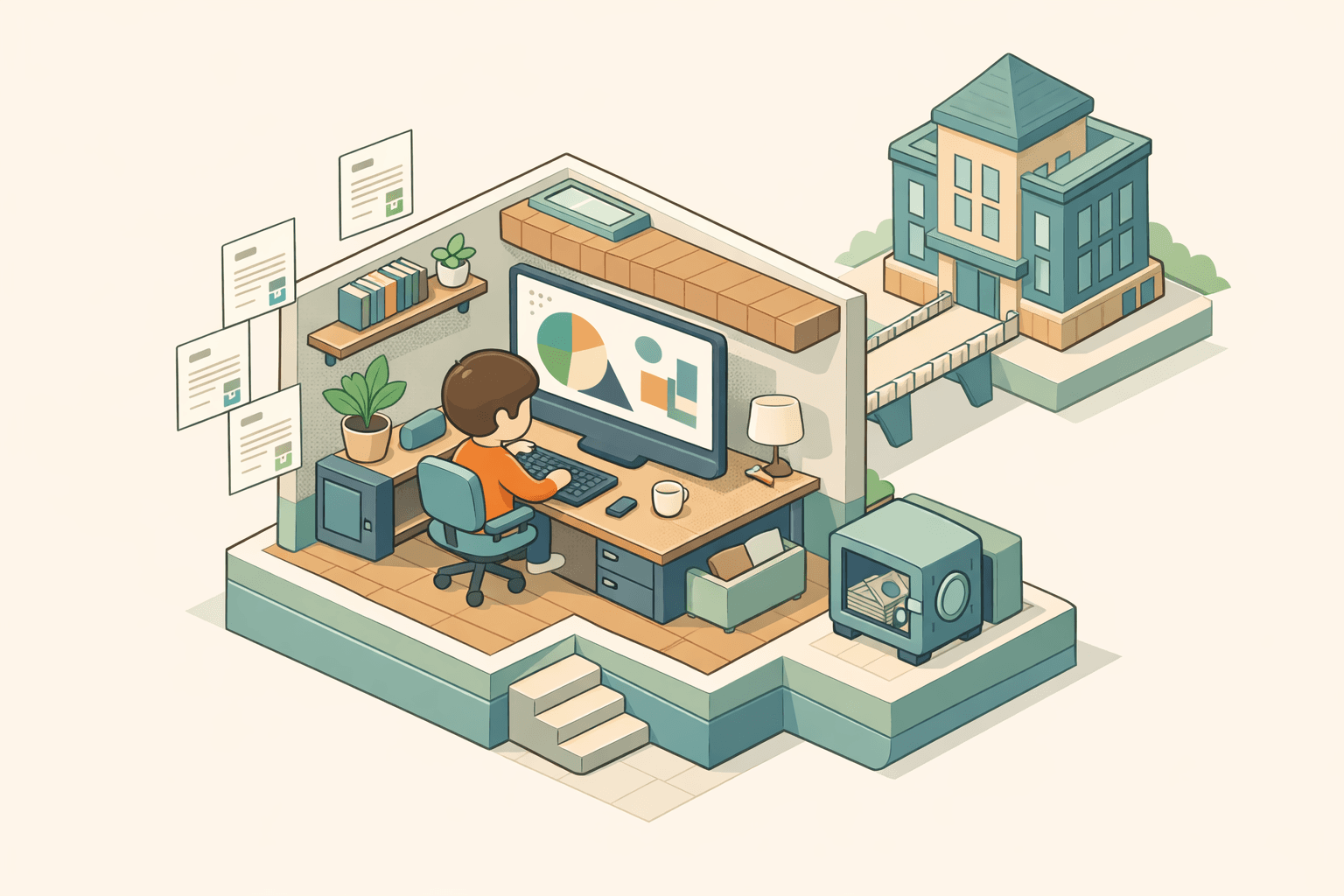 A freelance graphic designer at a studio desk reviewing invoices and loan documents to secure working capital funding.