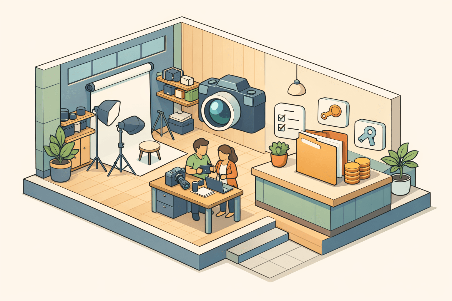 A freelance photographer reviewing equipment financing options at a small studio desk with a camera and loan documents nearby