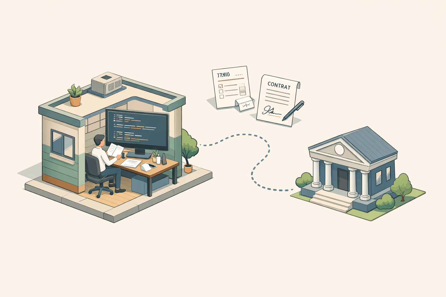 Freelance web developer at a desk reviewing loan documents with retainer contracts and a computer nearby