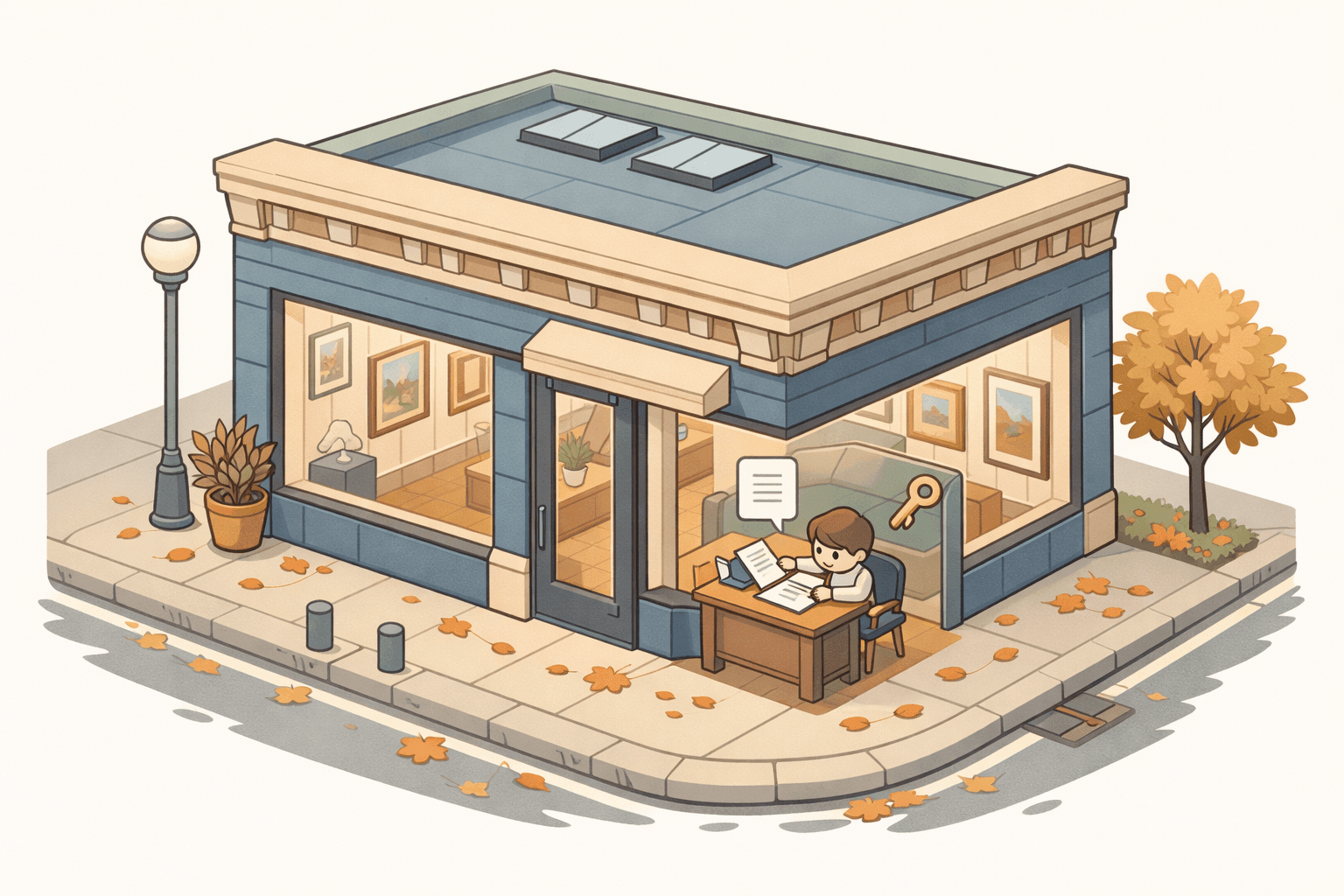 A small art gallery building during the off-season with a business owner reviewing loan documents at a desk inside.
