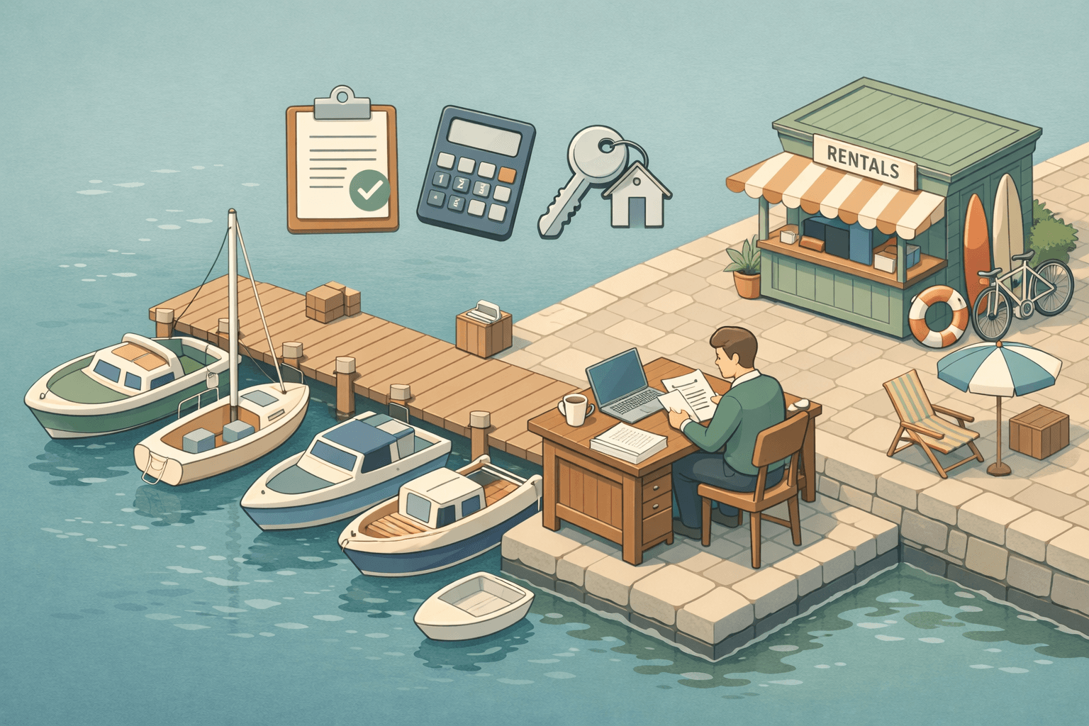 A small marina with rental boats docked alongside a seasonal business office where an owner reviews loan documents