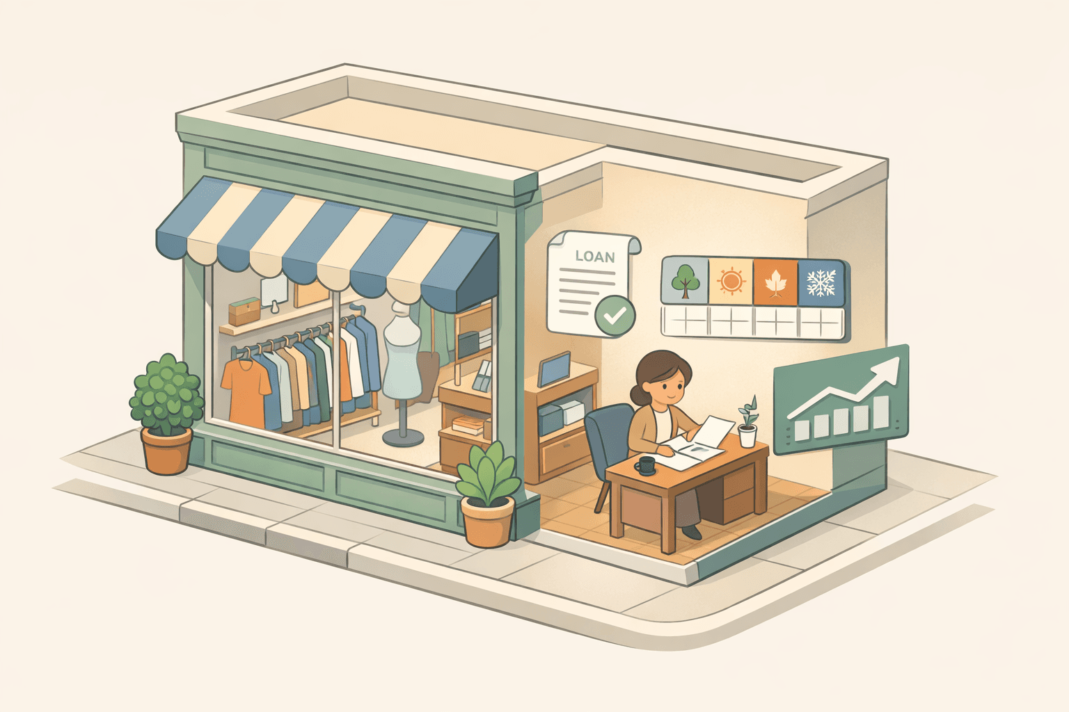 Small boutique clothing store owner reviewing financing documents at a desk inside a pastel-toned retail shop