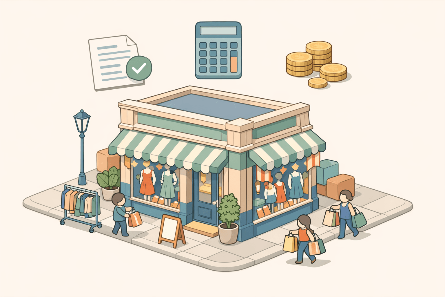 A small boutique storefront with stylized figures preparing for peak season, surrounded by loan document and calculator icons.