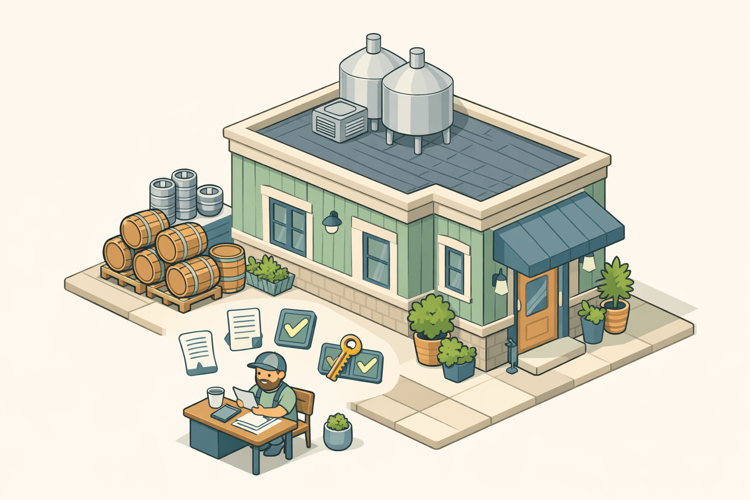 A small craft brewery building with barrels outside and a business owner reviewing loan documents at a desk near the entrance