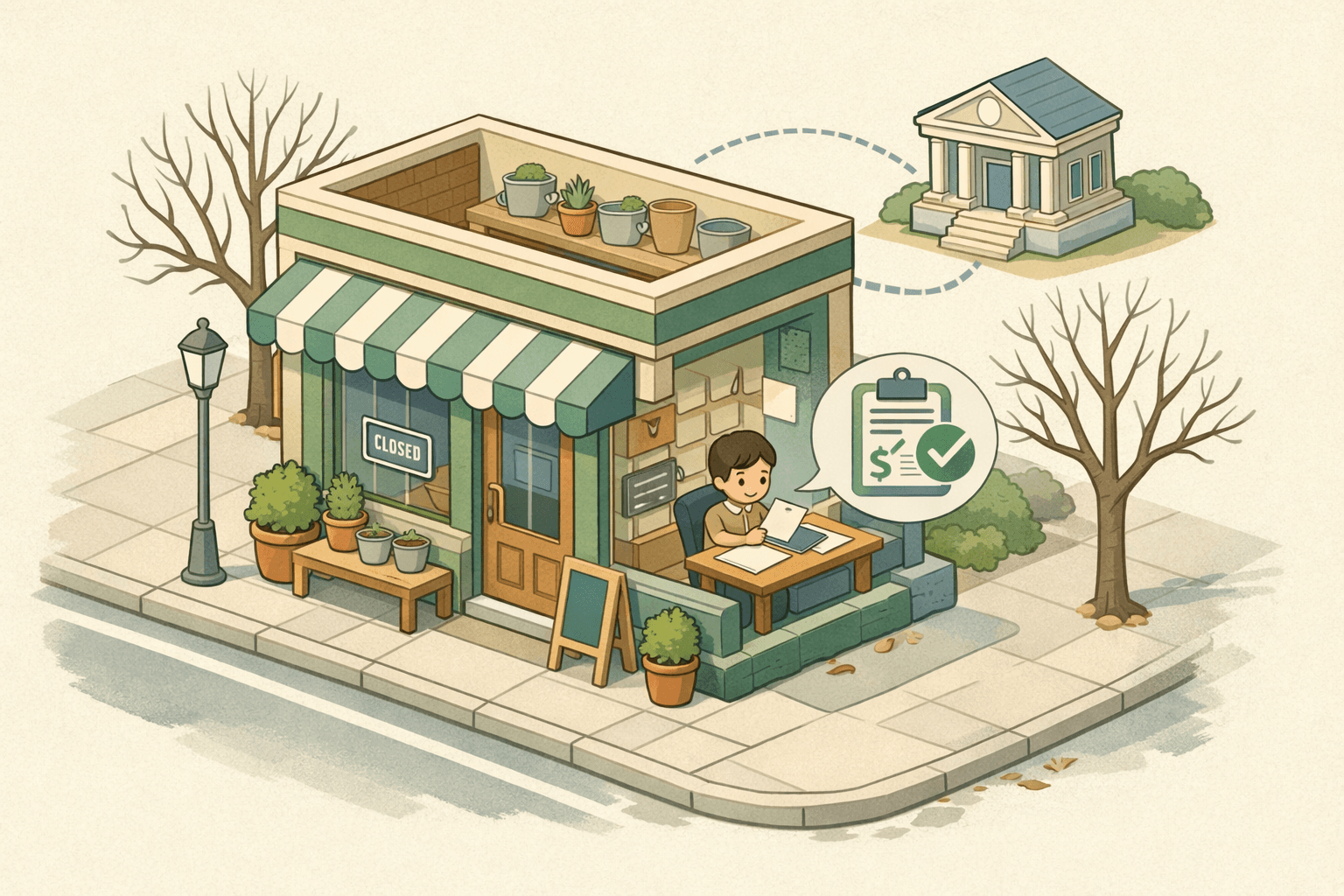 A small flower shop storefront during a quiet off-season with an owner reviewing loan documents inside