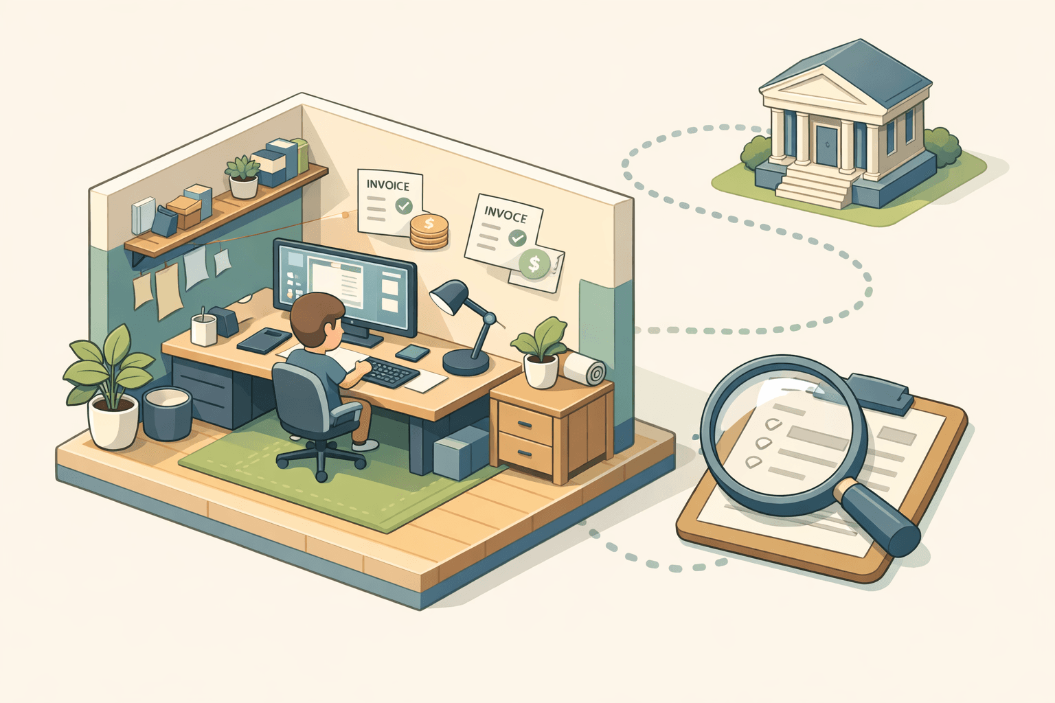 A freelance graphic designer at a studio desk with floating invoice icons and a small bank building in the background