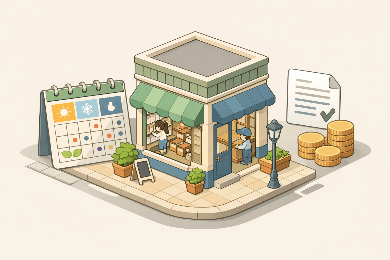 A small seasonal retail storefront with staff preparing inventory and a loan document icon floating nearby representing business financing