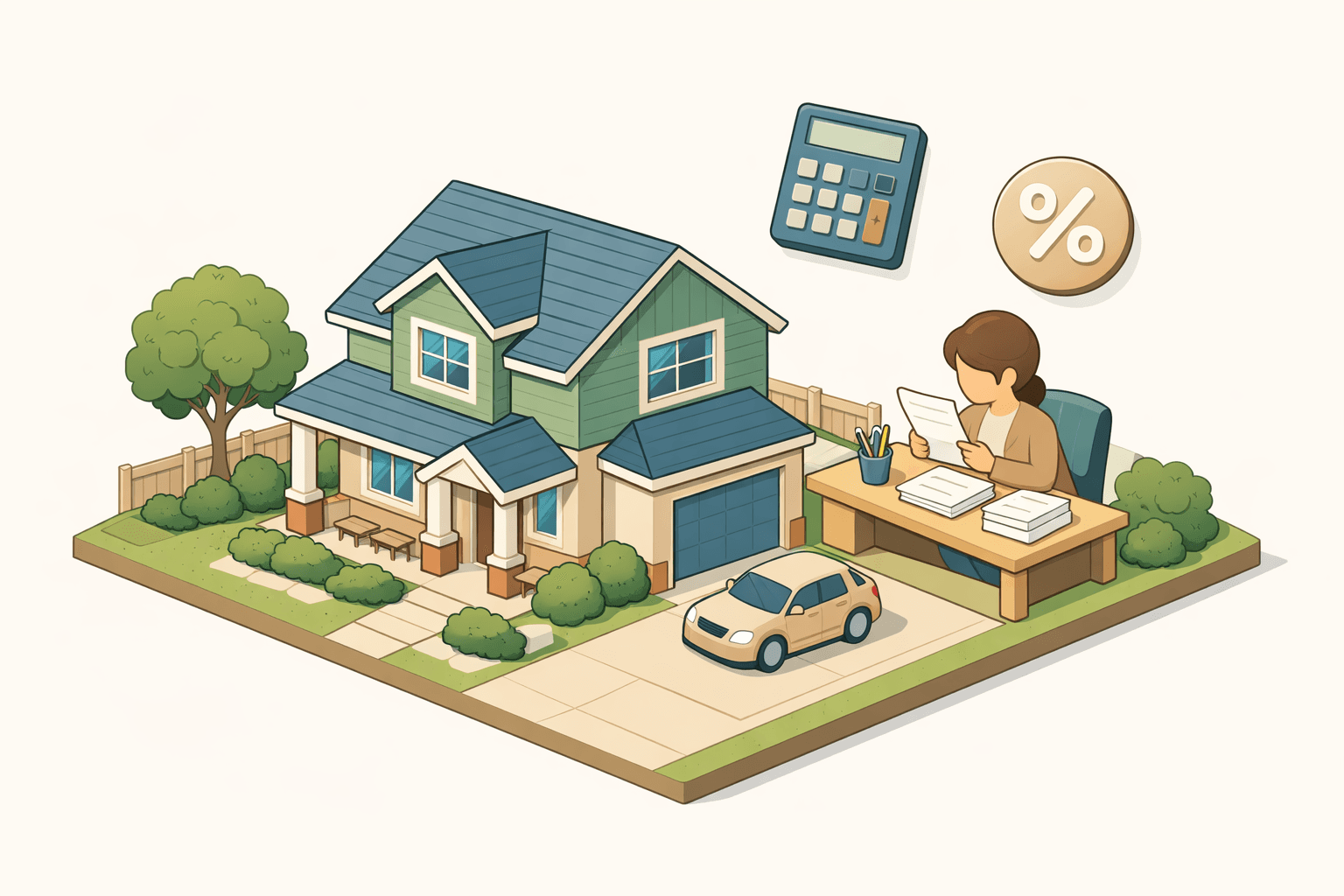 A suburban home with a person reviewing mortgage documents at a desk beside it, with a calculator icon floating nearby.