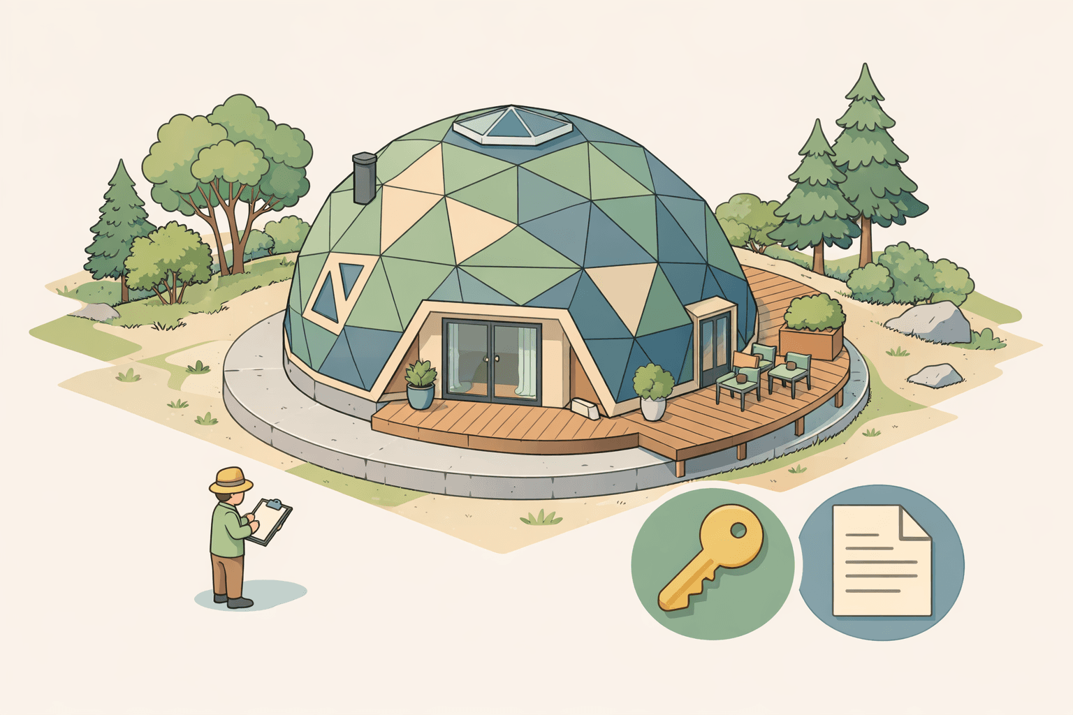 A geodesic dome home with a unique triangular structure sitting on a permanent foundation in a natural setting
