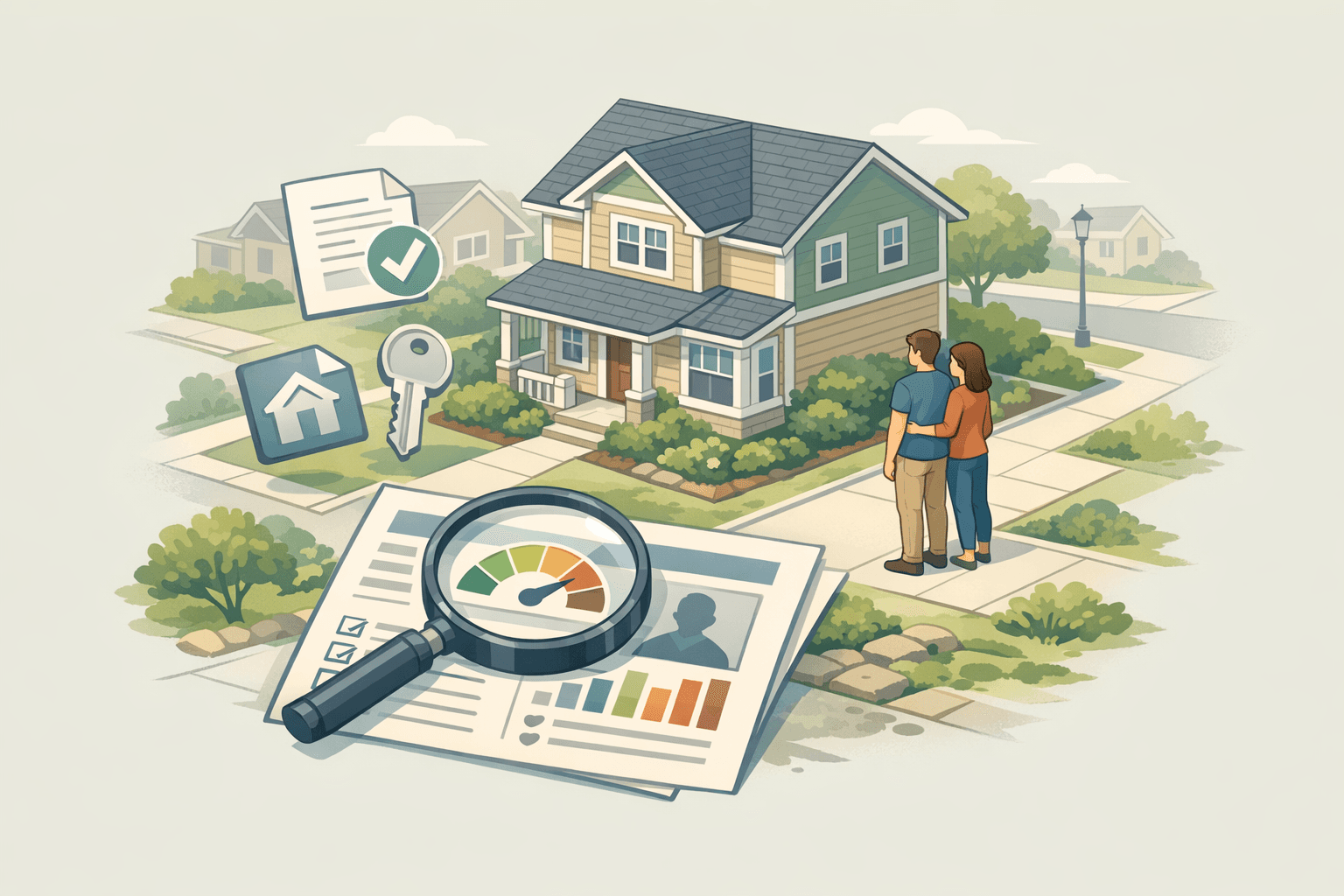 A couple standing in front of a suburban home with a floating approval document and key icon nearby
