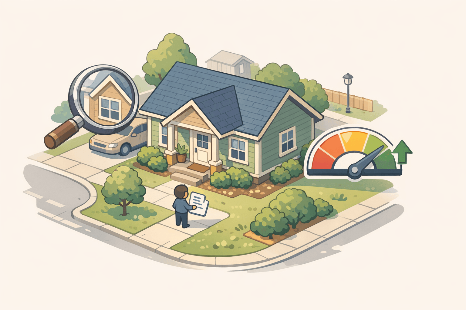 A small figure stands outside a house holding documents with a credit score gauge showing improvement nearby