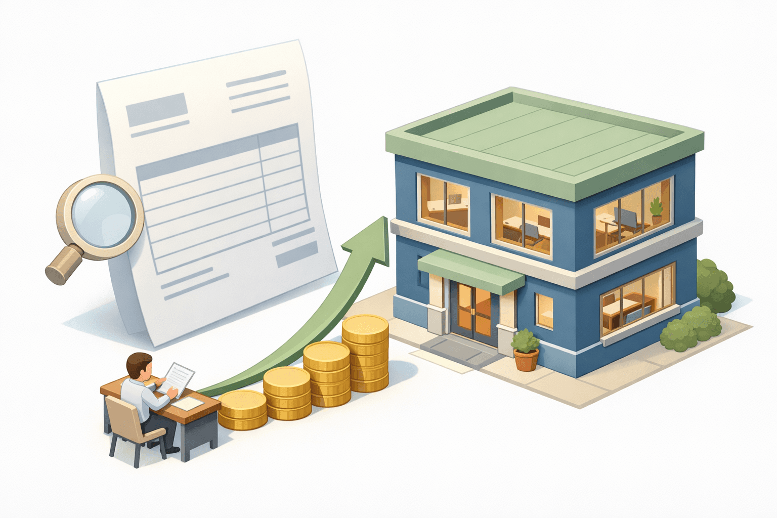 A small business office with a floating invoice document and a business owner reviewing paperwork at a desk