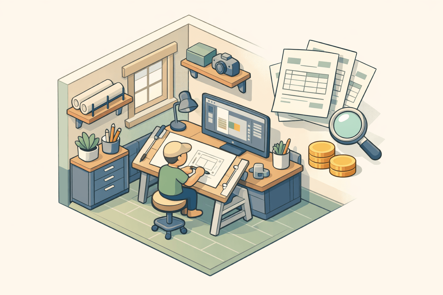 A freelance graphic designer reviewing unpaid invoices at a creative studio desk with funding documents nearby
