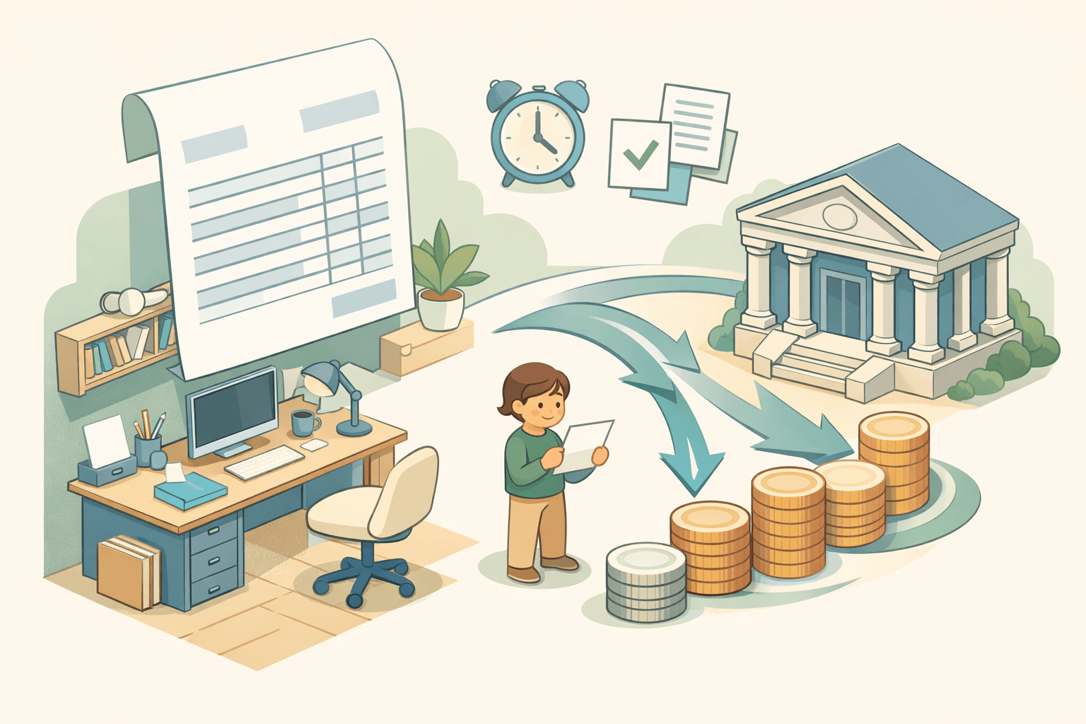 Freelance professional reviewing unpaid invoices at a desk with coins and a bank building in the background