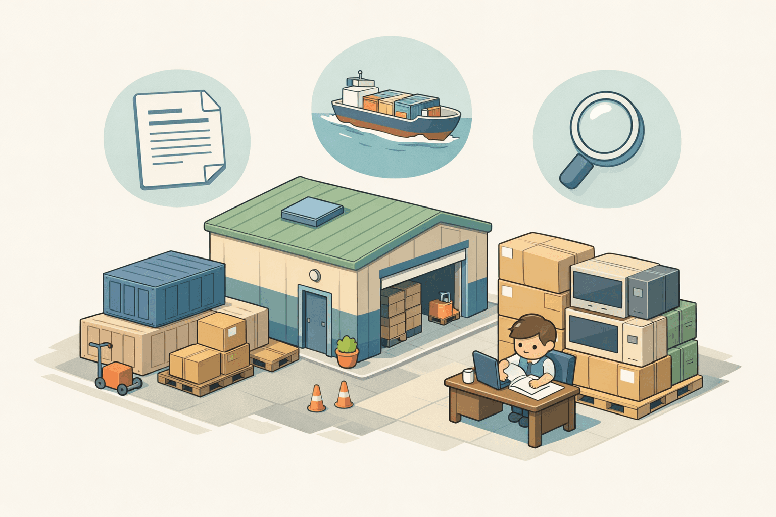 Small business owner reviewing trade finance documents near stacked electronics boxes and a cargo shipping container