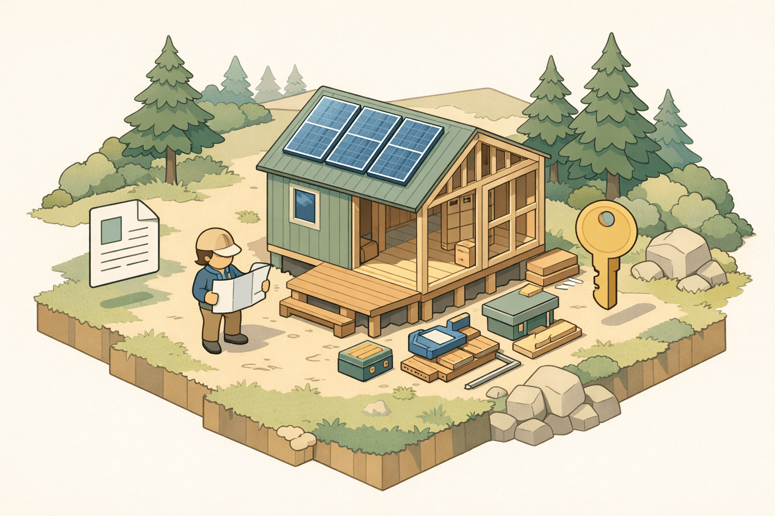 A small off-grid cabin under construction on a remote hillside surrounded by trees with solar panels on the roof