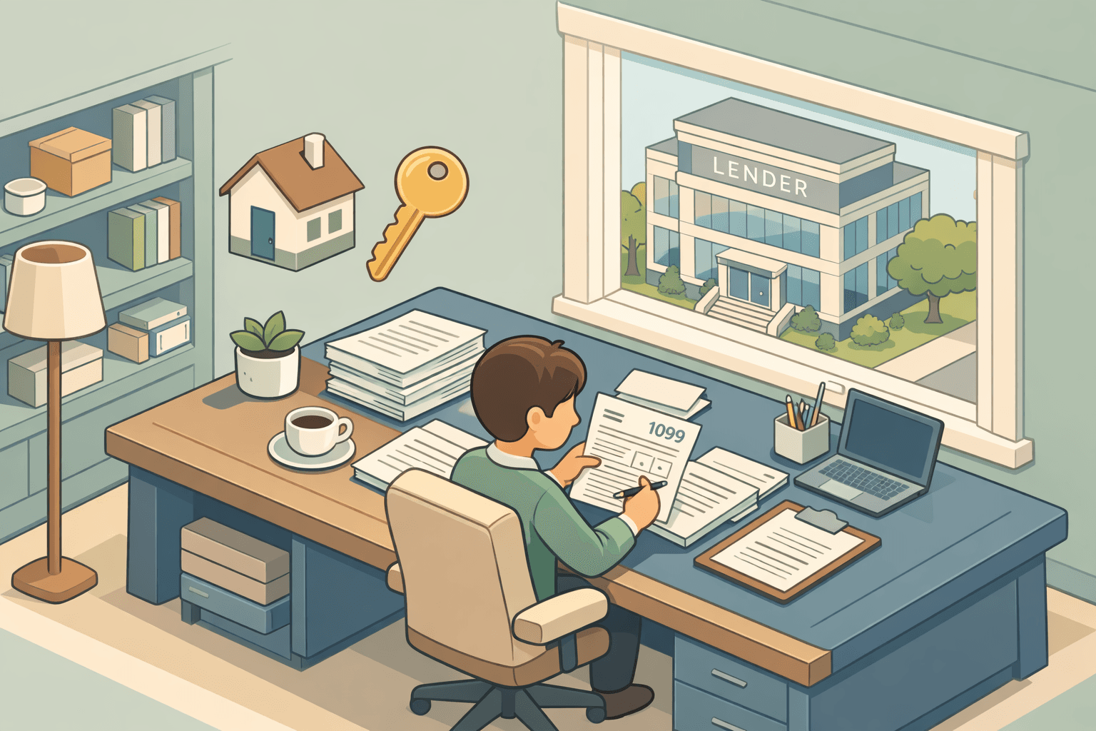 A person reviewing 1099 commission documents at a desk with a house and lender building in the background