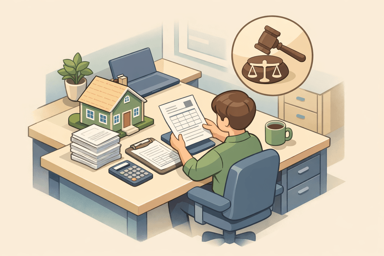 A person reviews commission income documents and a court order at a desk with a small house model nearby