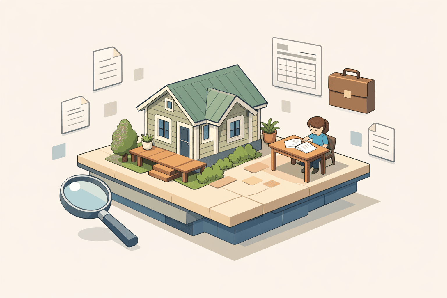 A person reviewing mortgage documents at a desk beside a small house with floating 1099 and briefcase icons nearby.