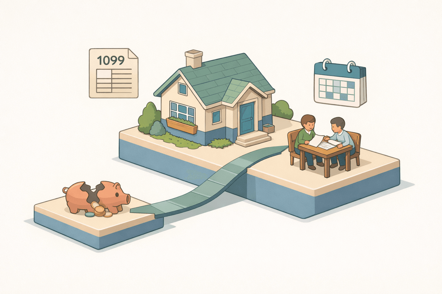 A stylized isometric scene of a house with two figures reviewing mortgage documents, representing 1099 income and short sale recovery.