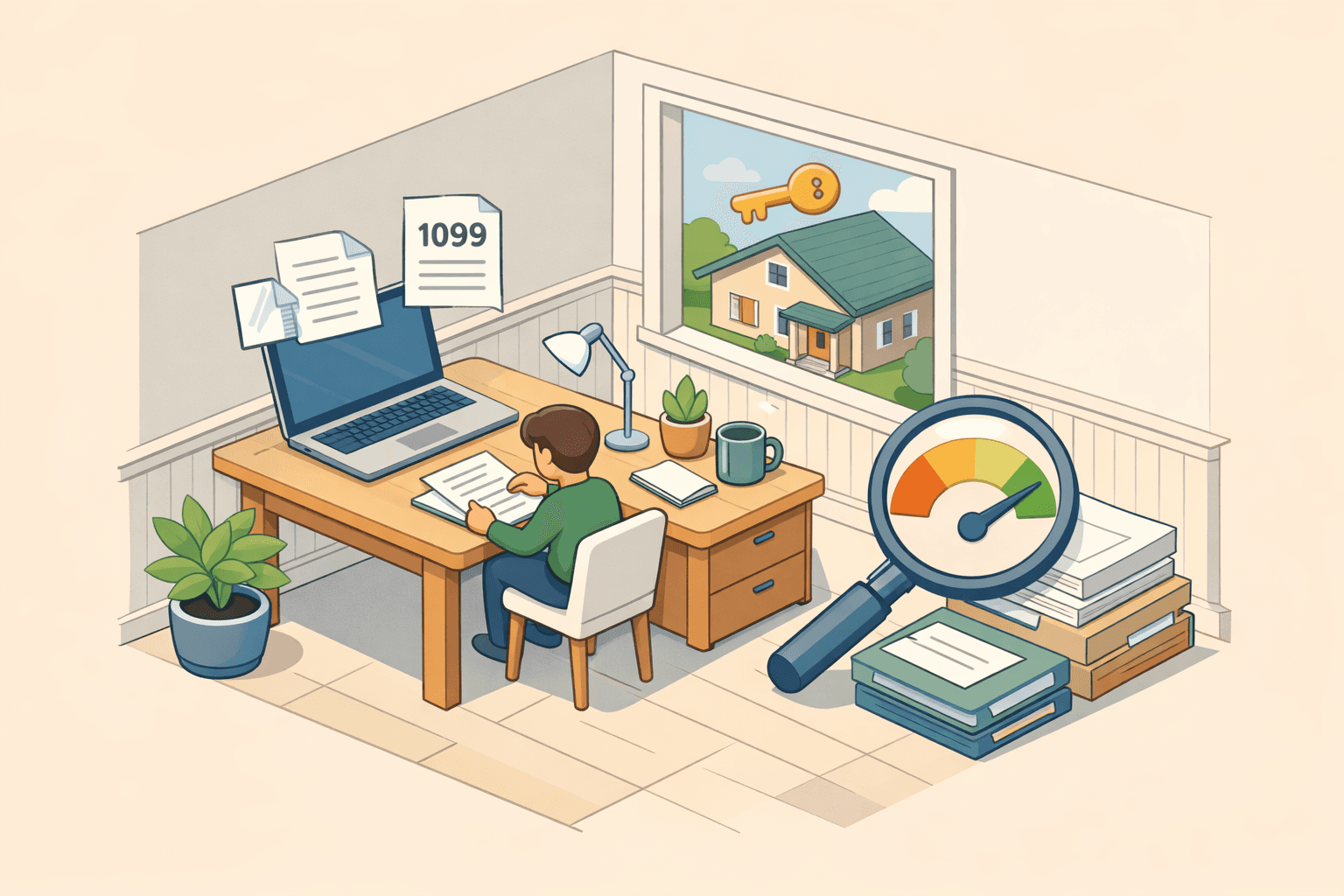 Freelancer reviewing mortgage documents at a home office desk with a house and credit score gauge nearby
