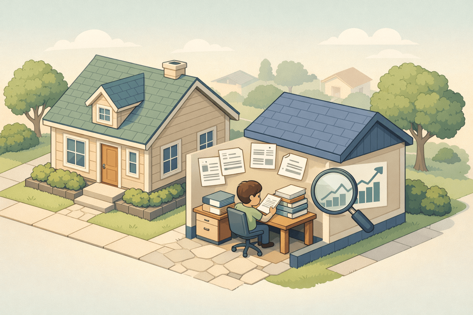Self-employed person reviewing mortgage documents and 1099 income forms at a home office desk