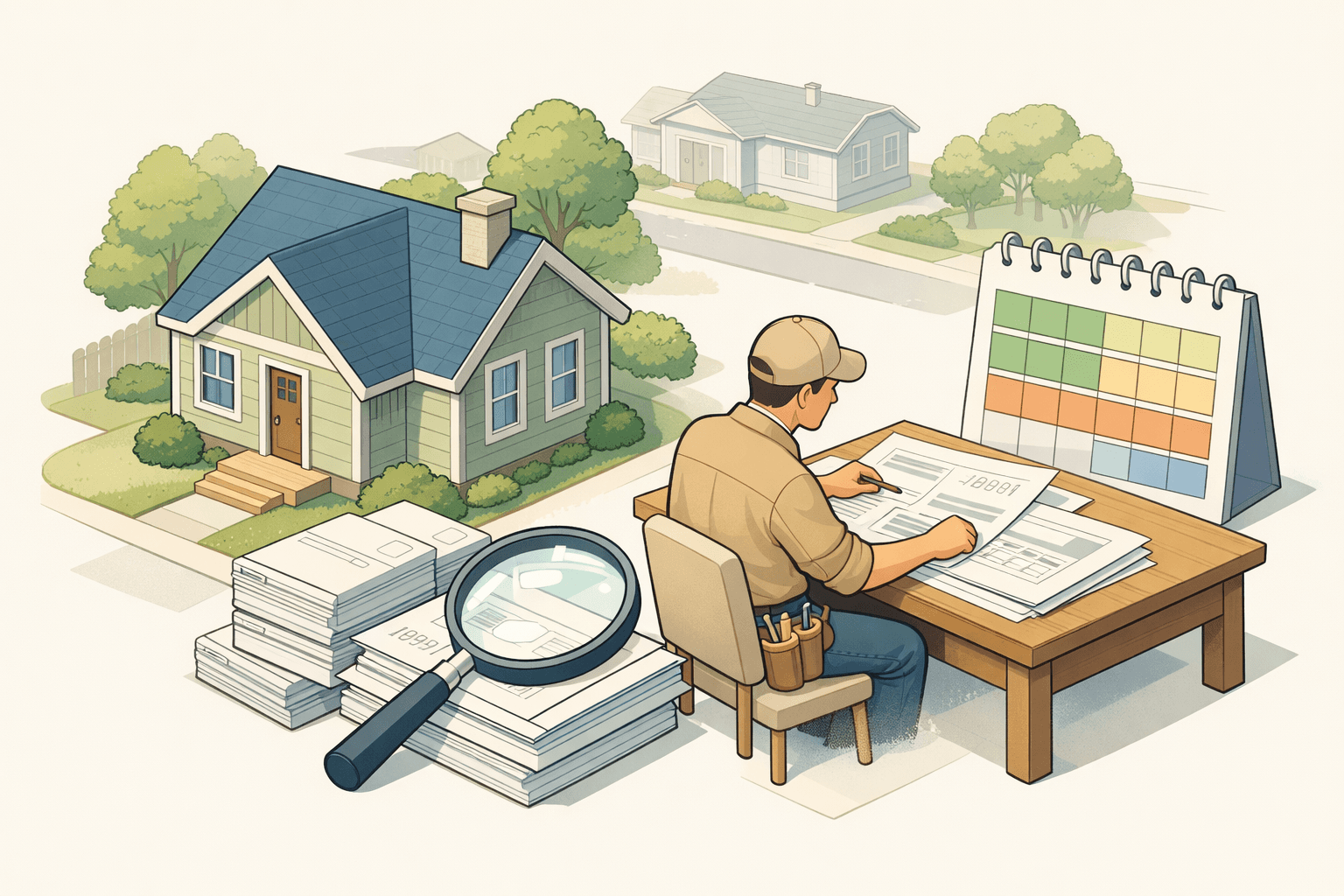 A contractor reviewing tax documents and 1099 forms at a desk beside a house in a neighborhood setting