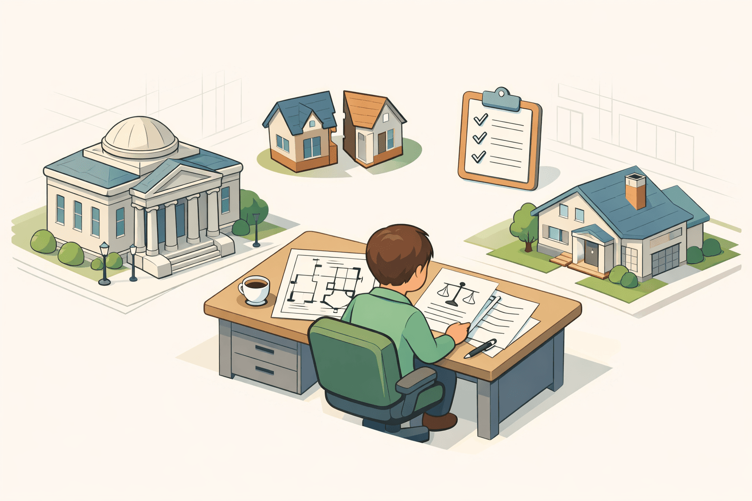 A person reviews divorce documents and a house floor plan at a desk with a small home icon nearby