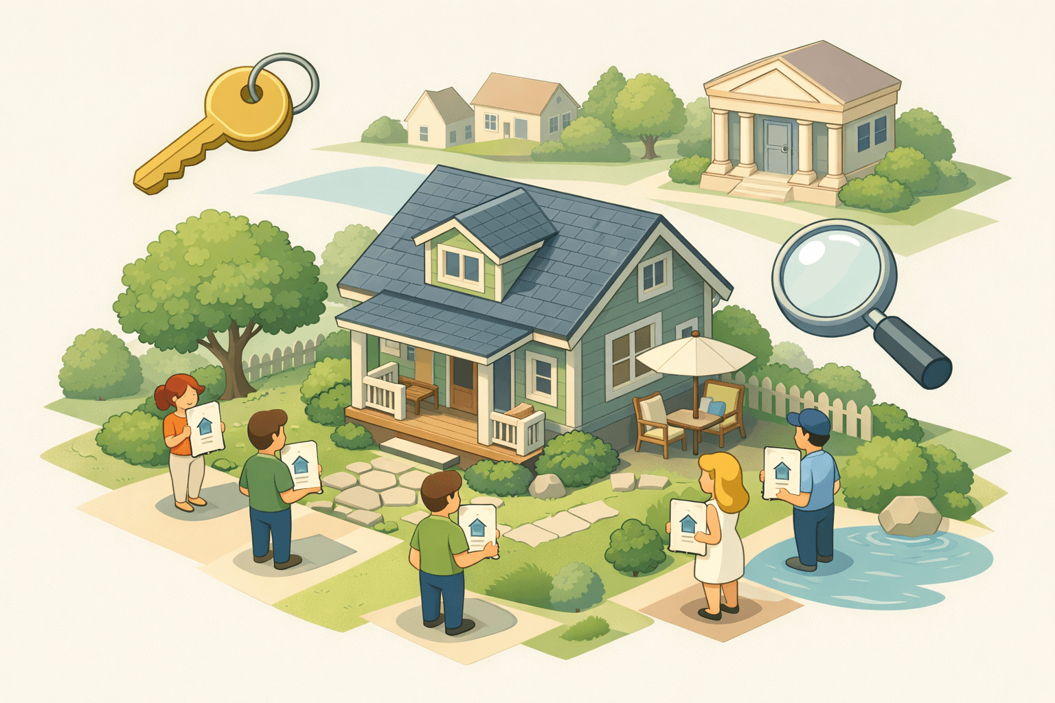 Tiny people sharing ownership documents around a vacation cottage with a lender building in the background