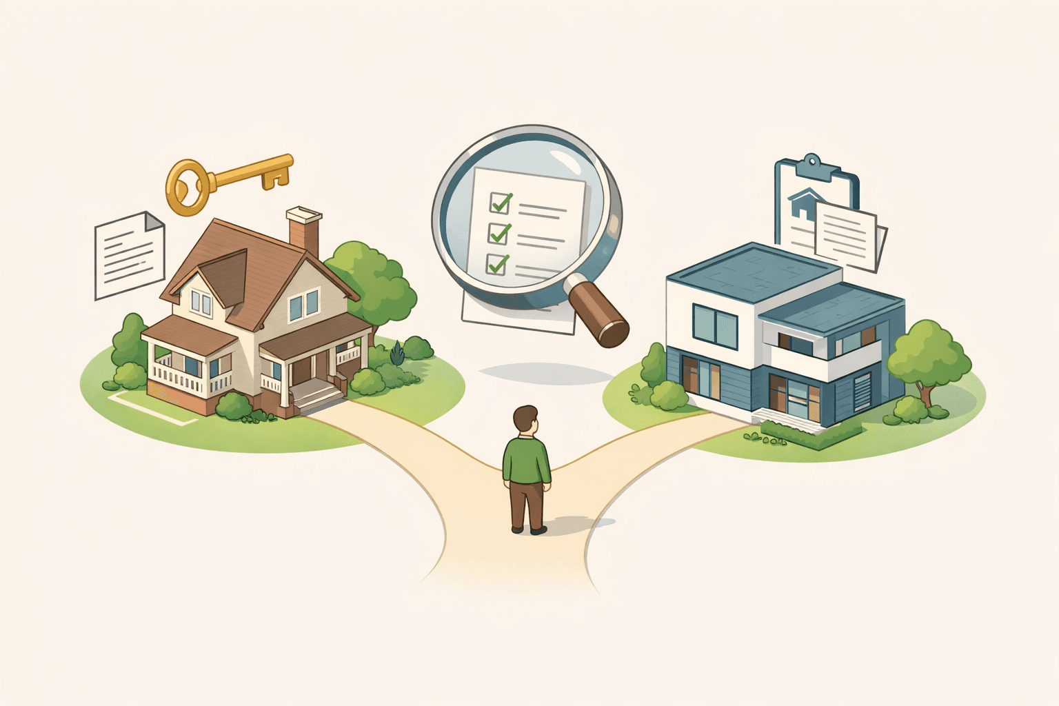 Two houses side by side representing an inherited property and a primary residence with mortgage documents and a key floating nearby