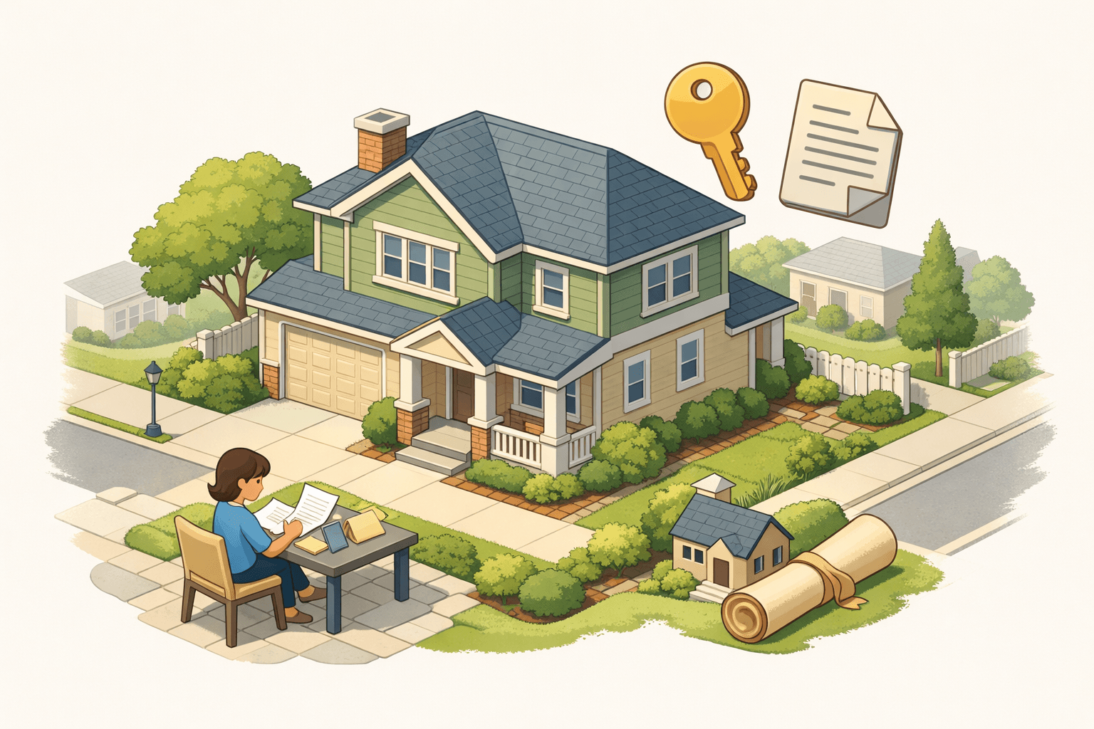 A stylized isometric rental house with a floating key and document icon representing inherited property and mortgage qualification