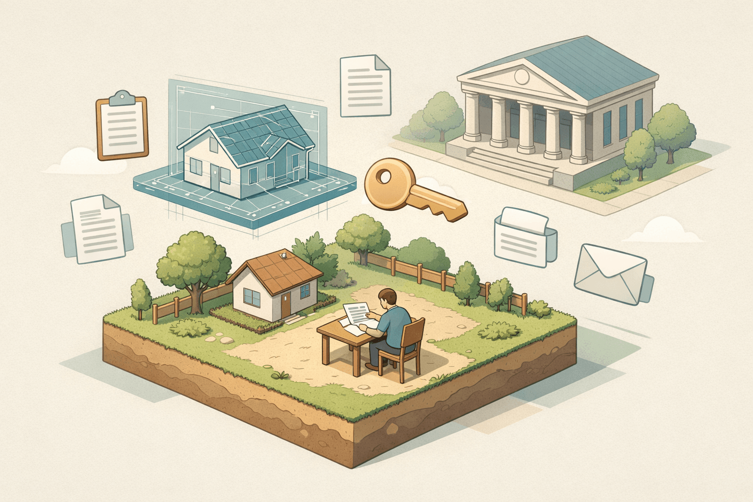 A person reviews documents beside an empty land parcel with a house blueprint and bank building in the background