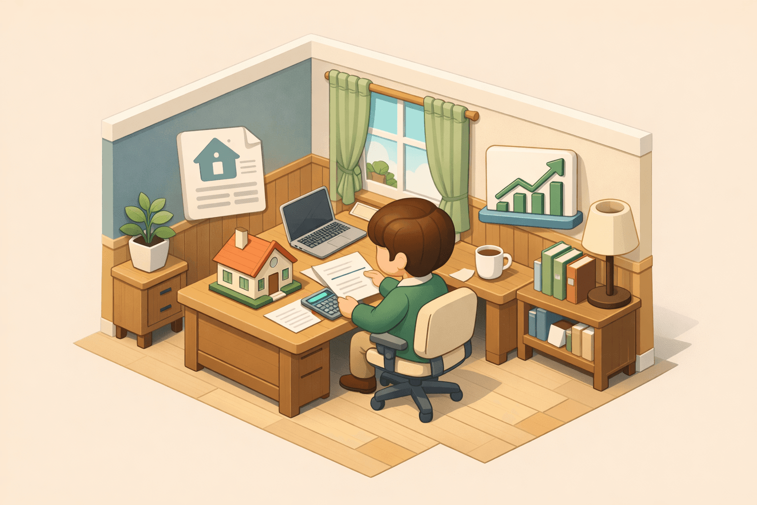 A person reviewing mortgage documents at a home office desk with a small house model and financial icons nearby