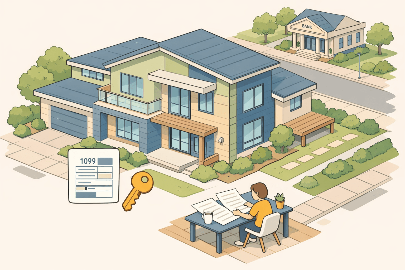 A stylized isometric scene of a modern home with a person reviewing financial documents and a 1099 icon floating nearby