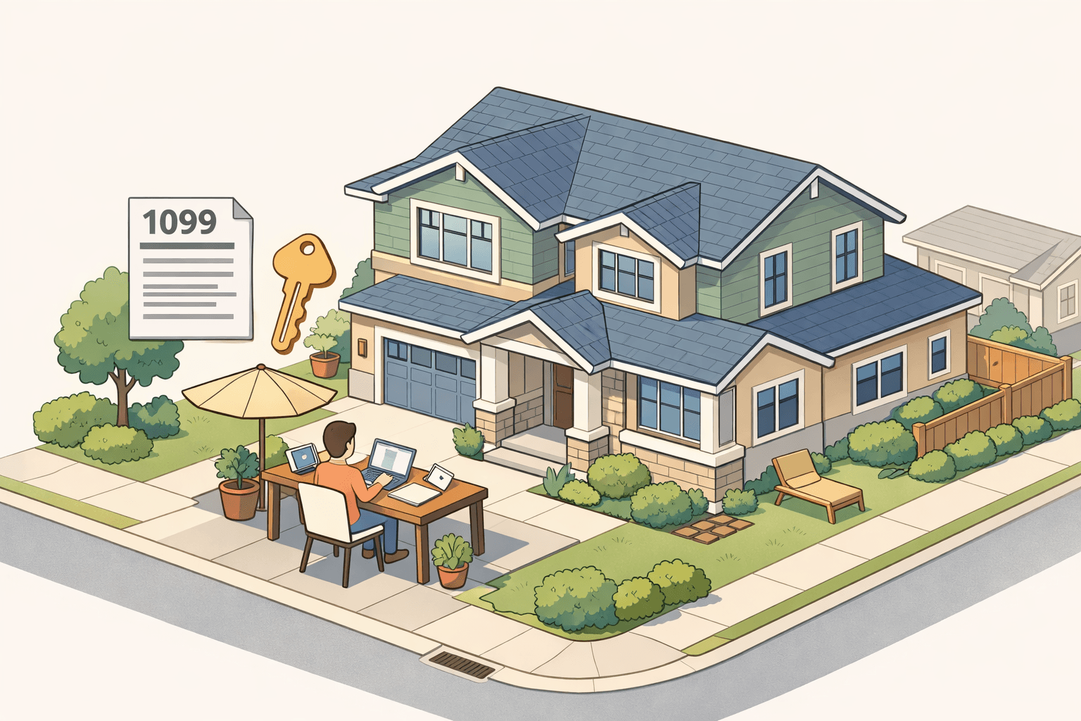 A freelancer reviews mortgage documents at a desk outside a large modern home, preparing a jumbo loan application.