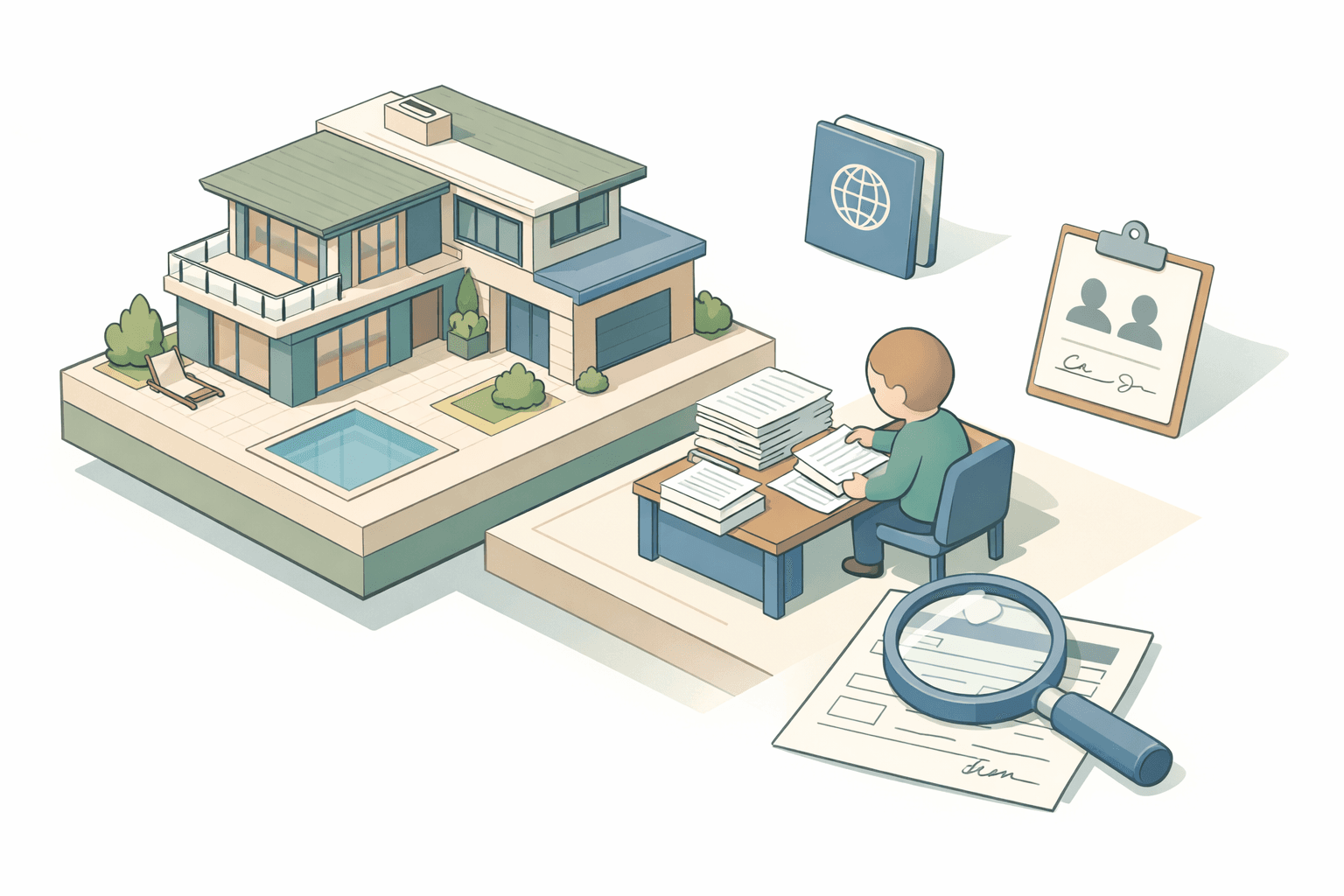 A freelancer reviewing mortgage documents beside a large home with co-signer paperwork and international financial icons nearby