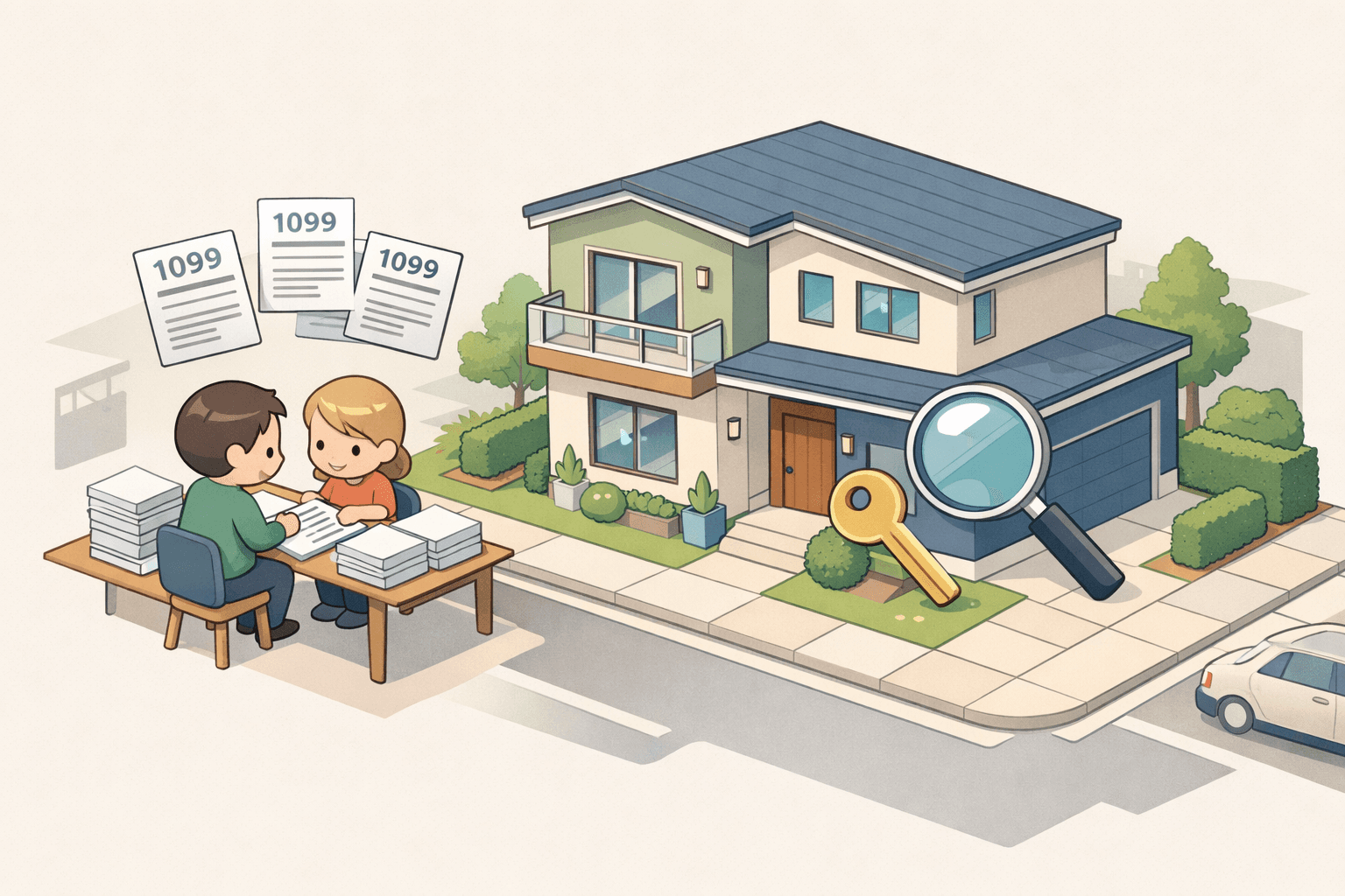 Freelancer reviewing mortgage documents at a desk near a modern home with financial icons floating around the scene