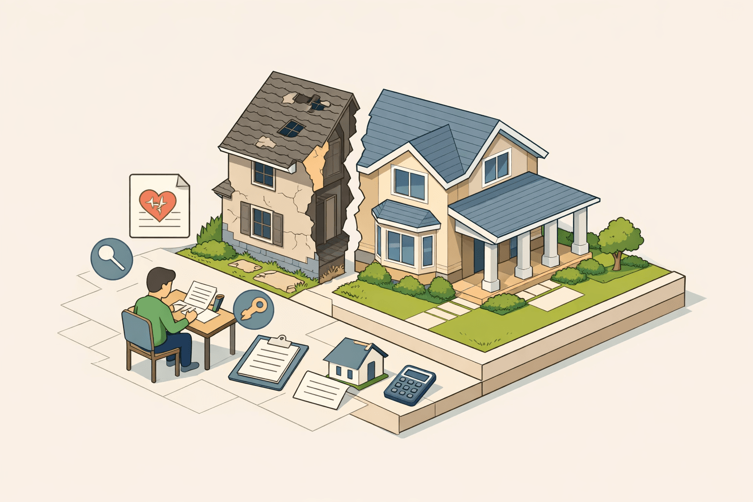 A stylized isometric scene of a person reviewing mortgage documents beside a divided house and a key, symbolizing home financing after divorce