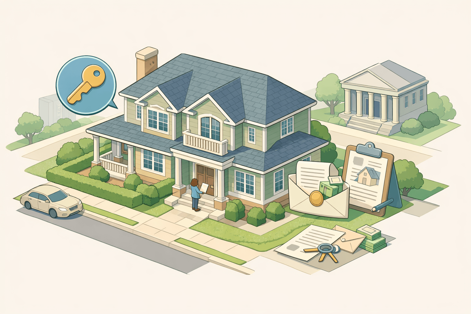 A stylized isometric scene of a large home with inheritance documents and a key icon, representing jumbo loan down payment planning.
