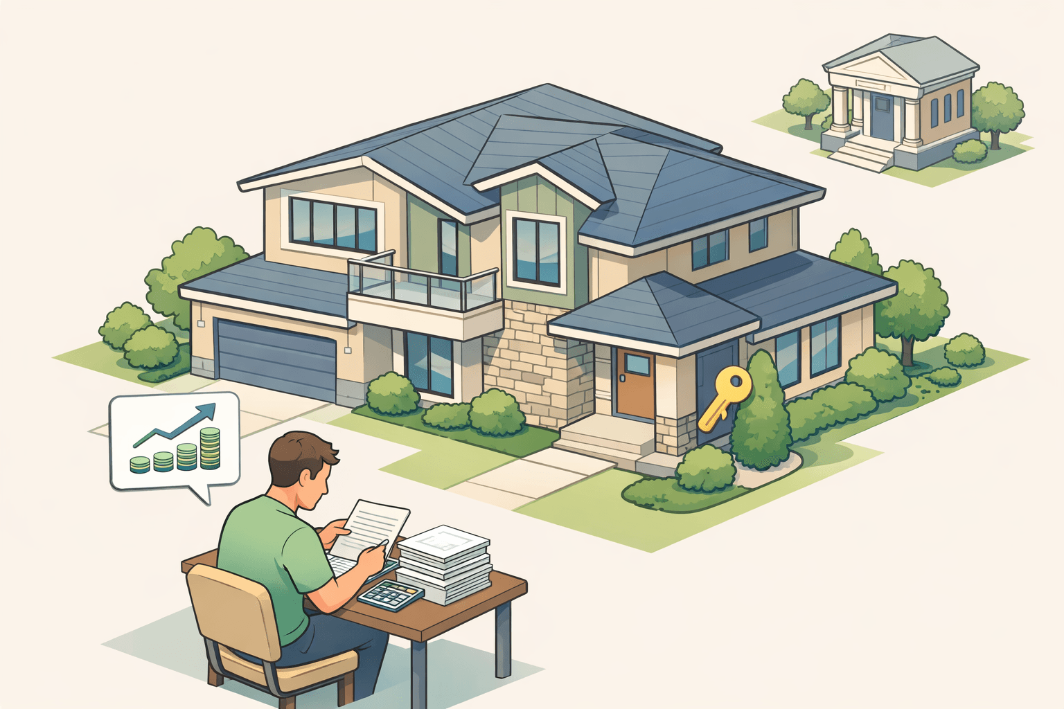 A freelancer reviewing mortgage documents near a large home with a key and commission chart icons nearby