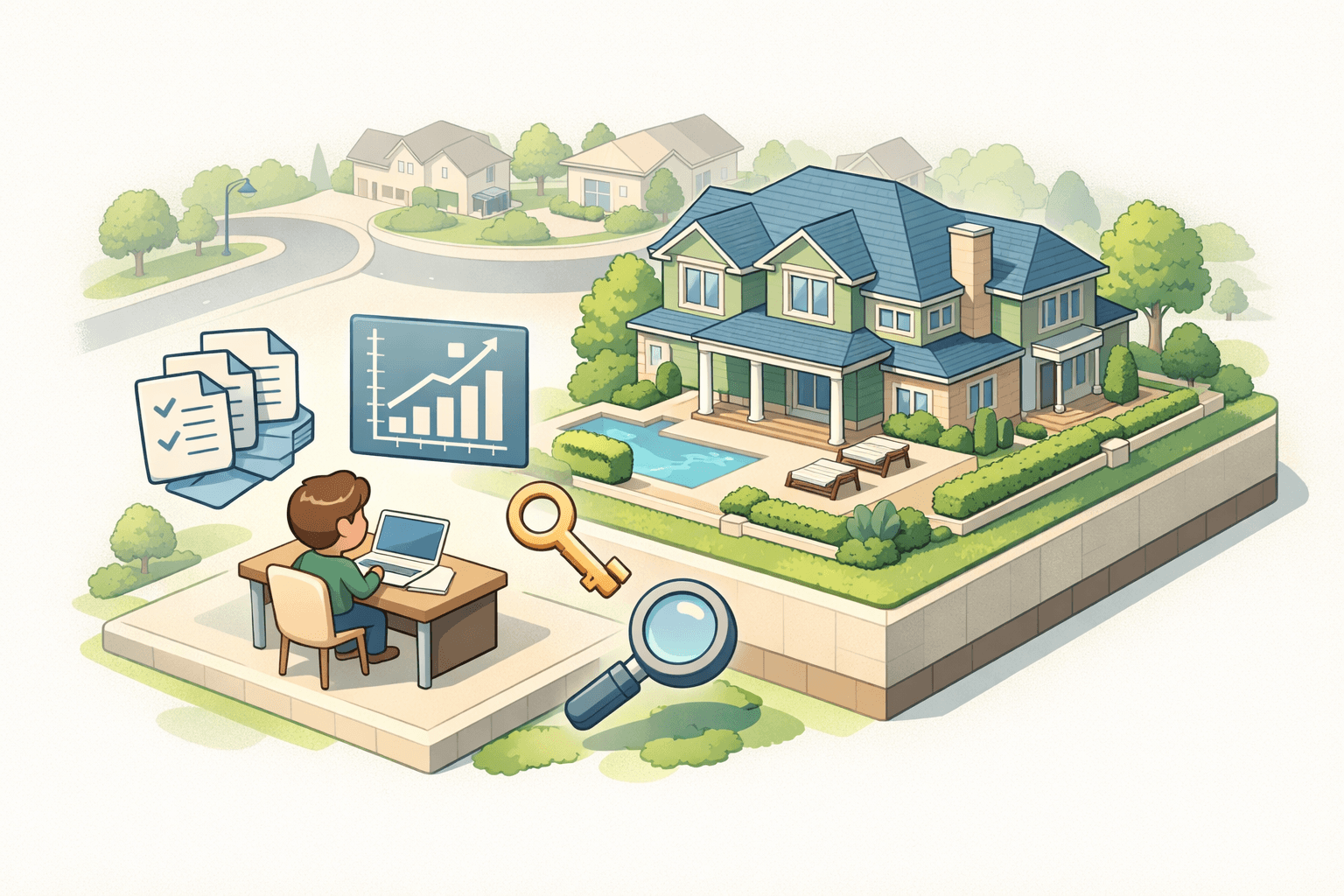 A person reviewing mortgage documents beside a large home with commission income charts floating nearby