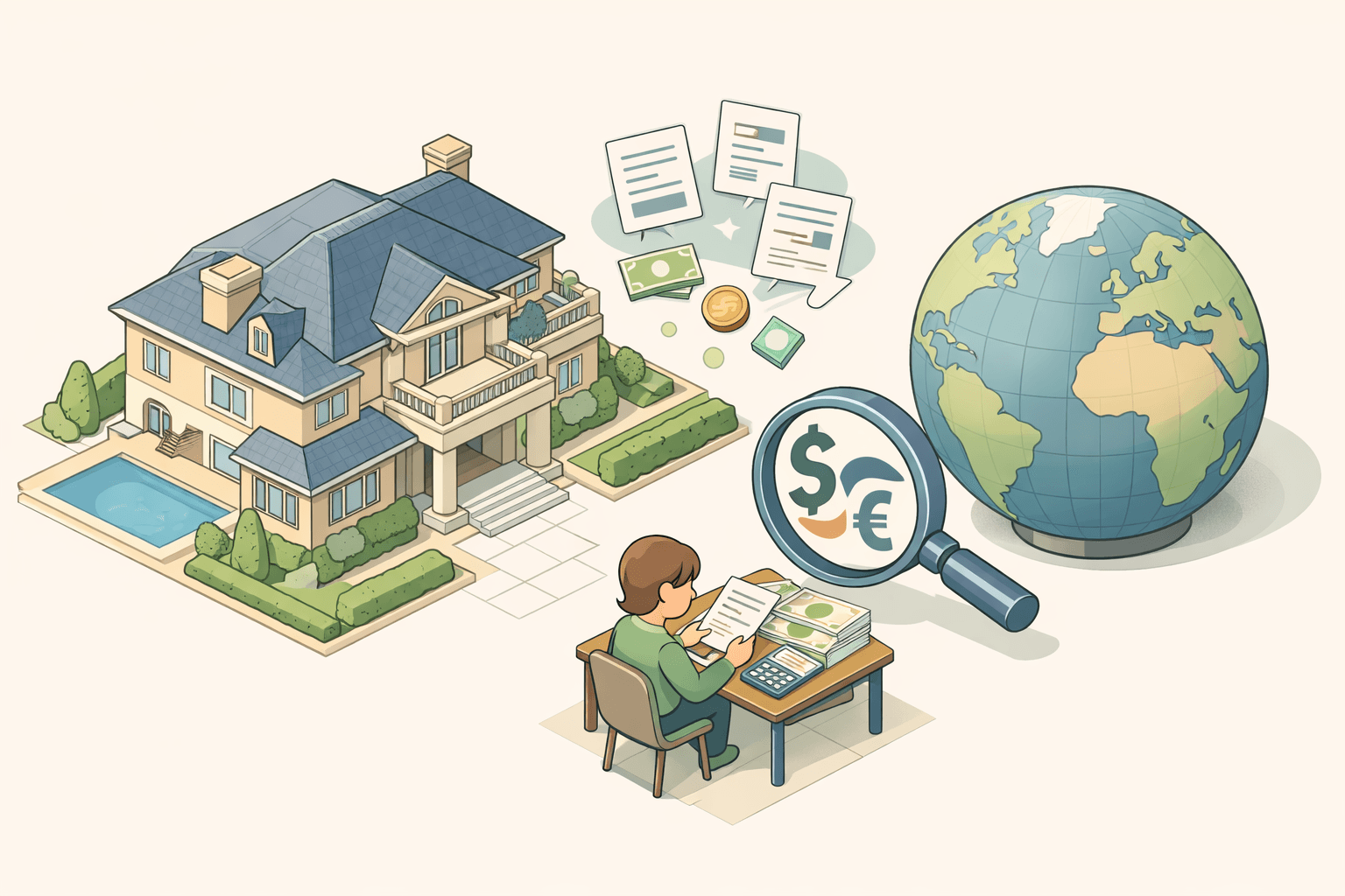 A luxury home with foreign currency documents and a globe representing international income for a jumbo mortgage application