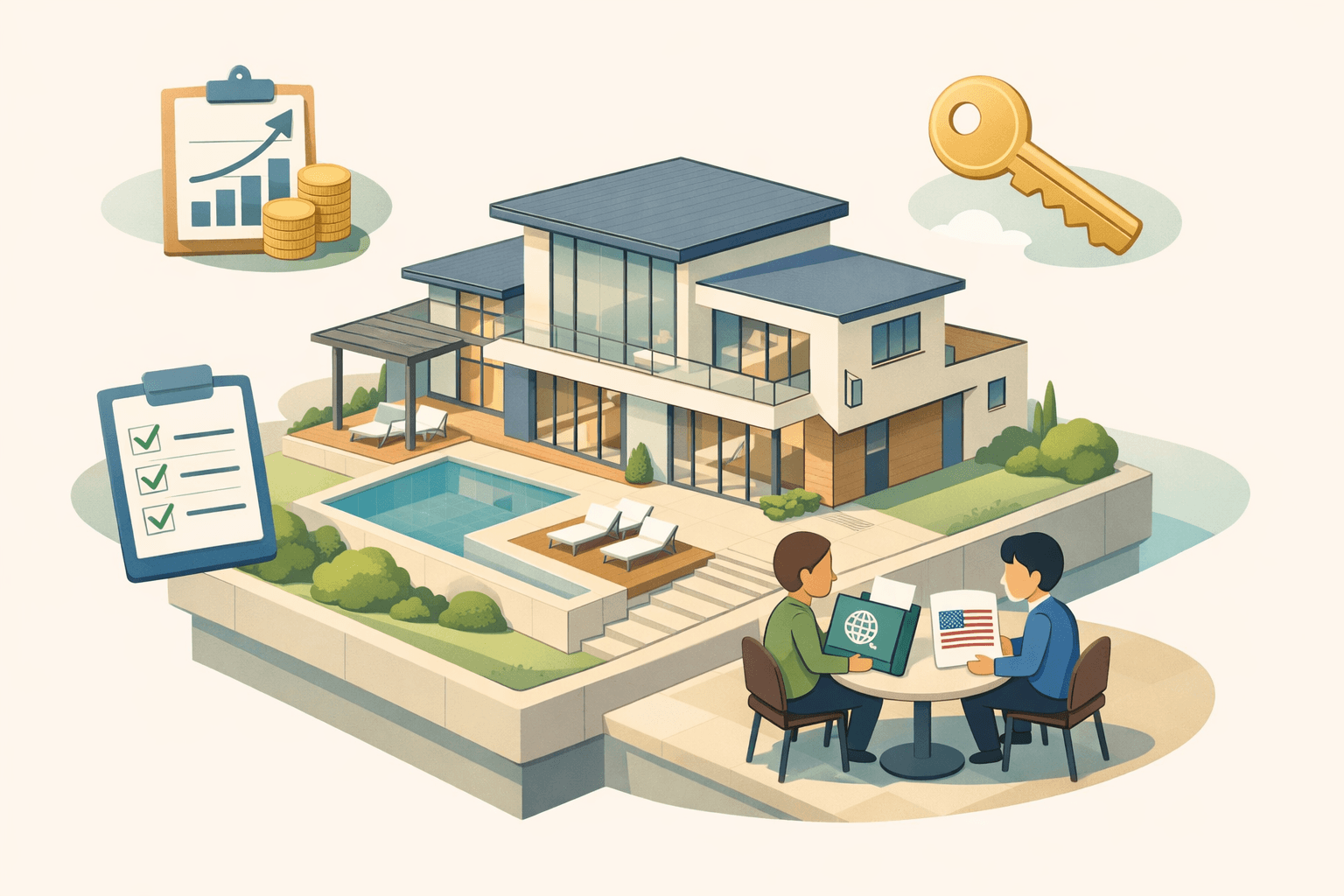 Two people reviewing mortgage documents outside a large modern home, representing a jumbo loan application with foreign income and a co-signer