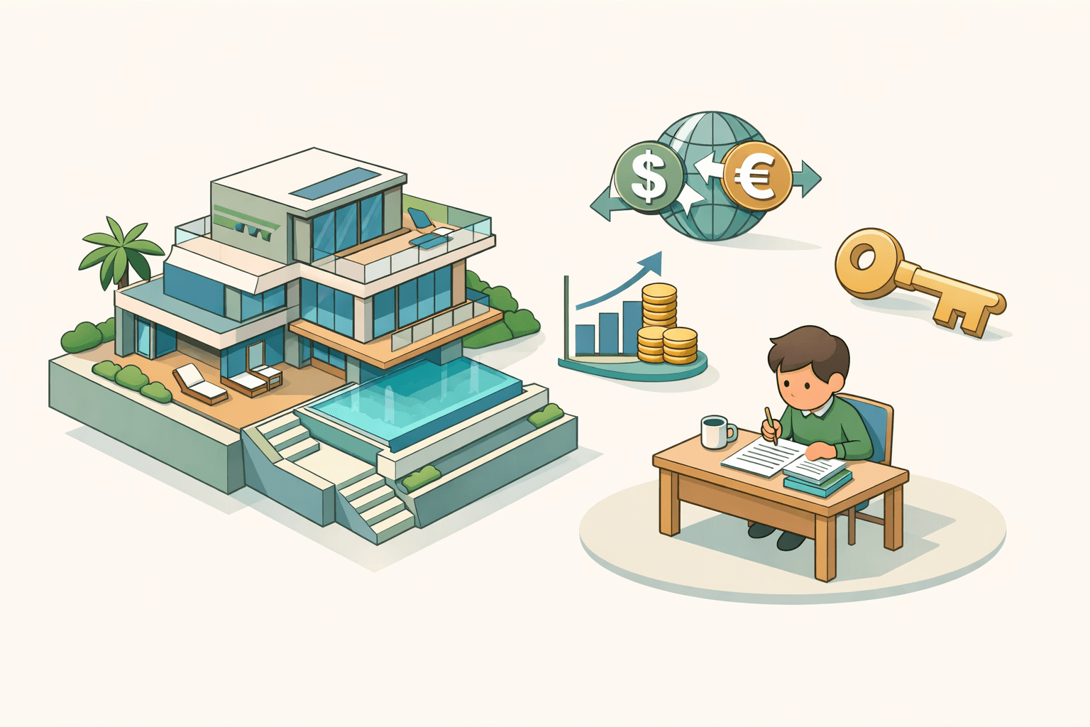 A luxury home with document and currency icons representing foreign dividend income used to qualify for a jumbo mortgage loan