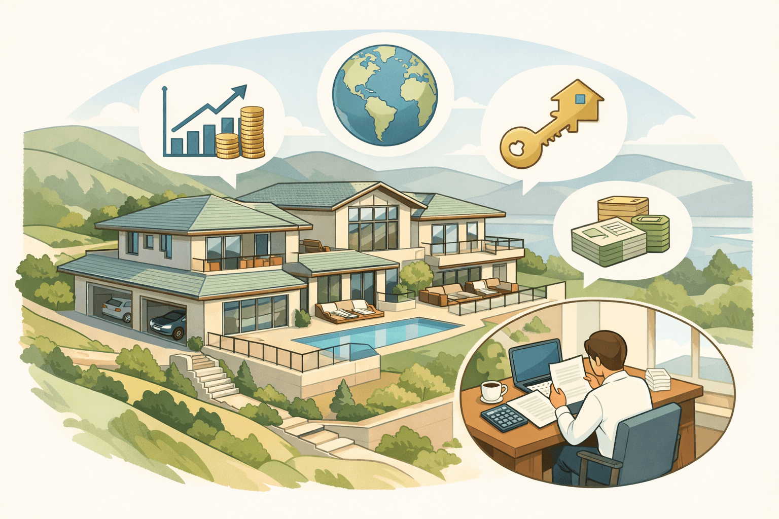 A luxury home with a person reviewing financial documents and global investment icons nearby, representing jumbo loan qualification with foreign income.