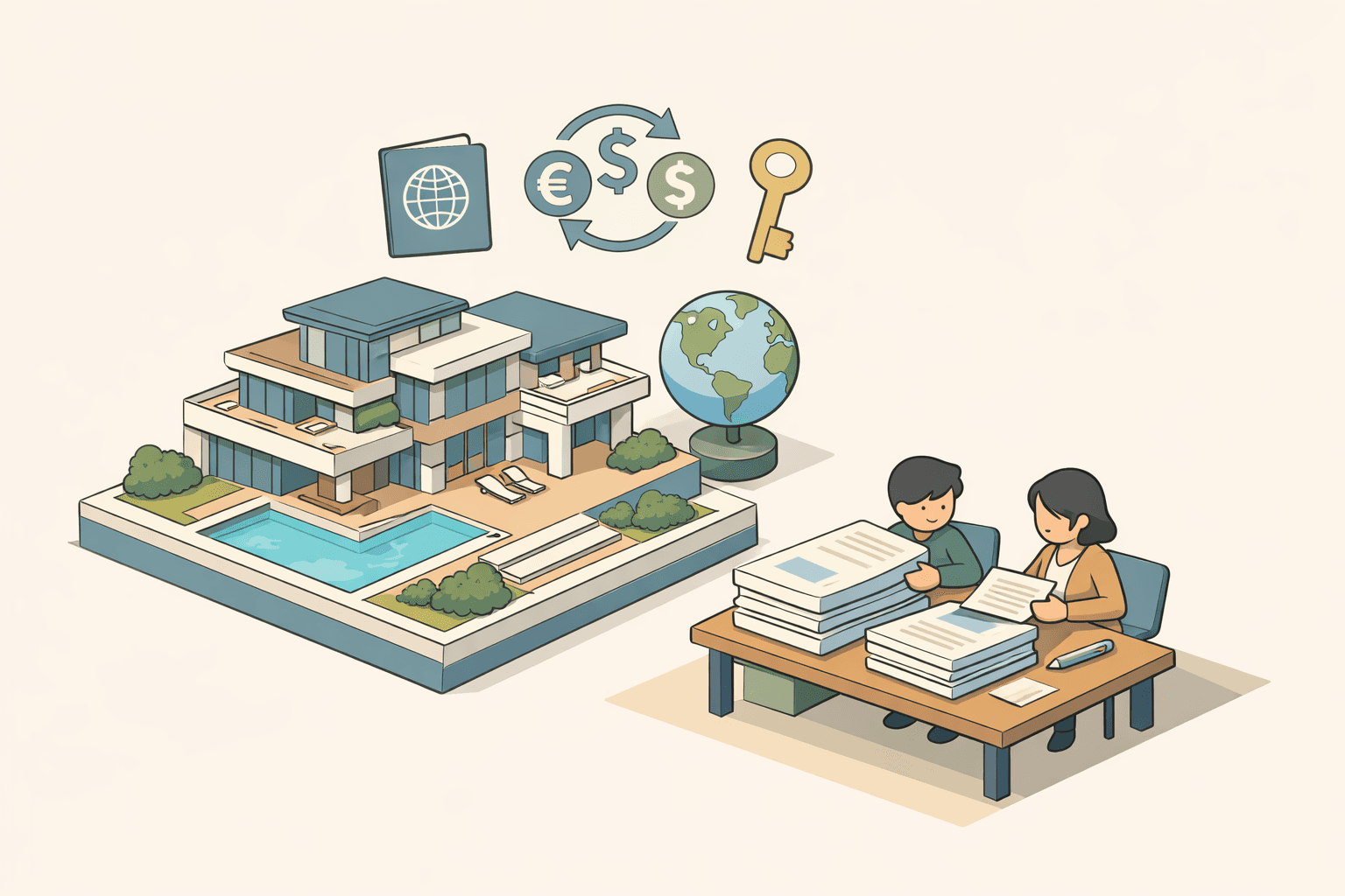 A large modern home with small figures reviewing international documents nearby, surrounded by floating passport and currency icons