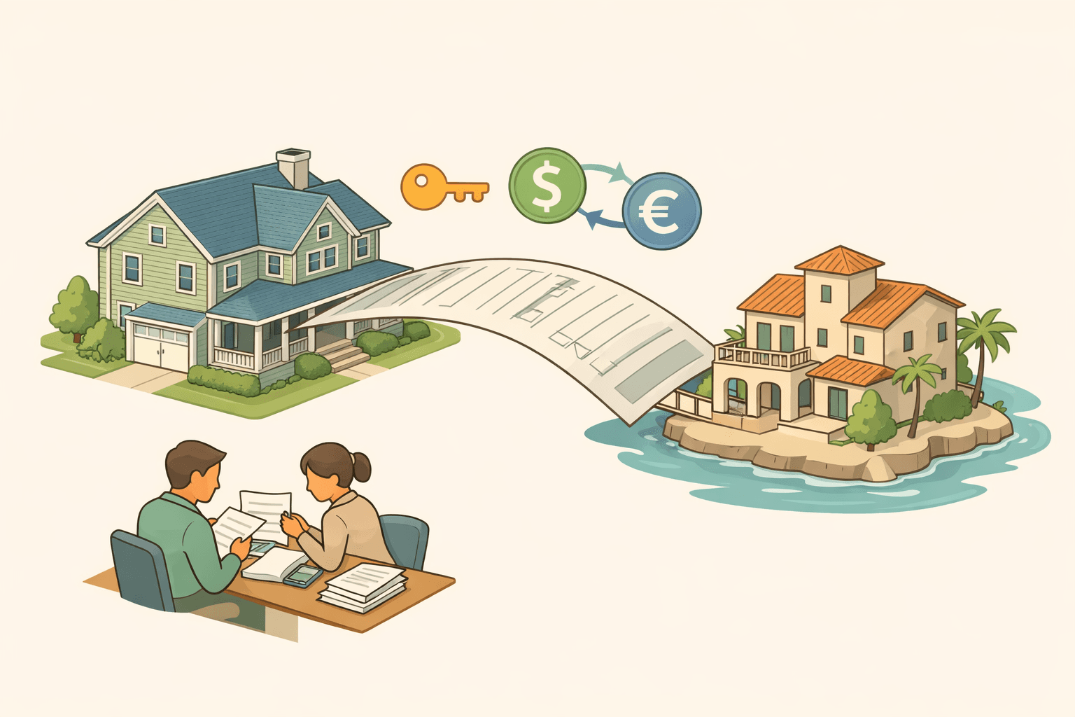 Two properties connected by document icons representing a jumbo loan application using foreign rental income and a US co-signer