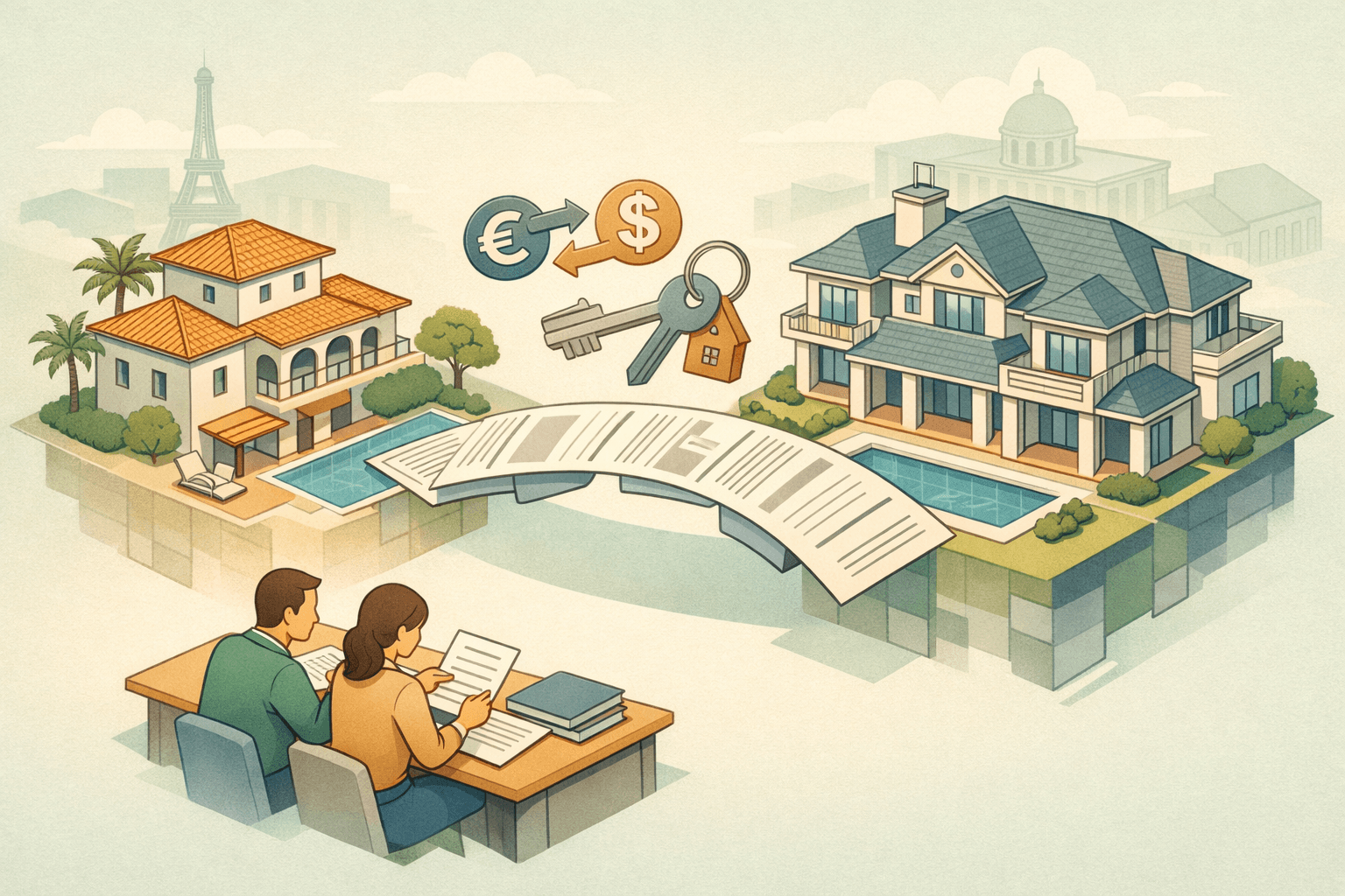 Isometric scene of a luxury US home connected to a foreign rental property with document icons and tiny figures reviewing mortgage paperwork
