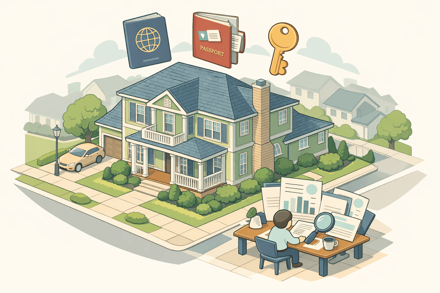 An international retiree reviewing documents outside a large US home, with icons representing foreign income and mortgage approval floating nearby.